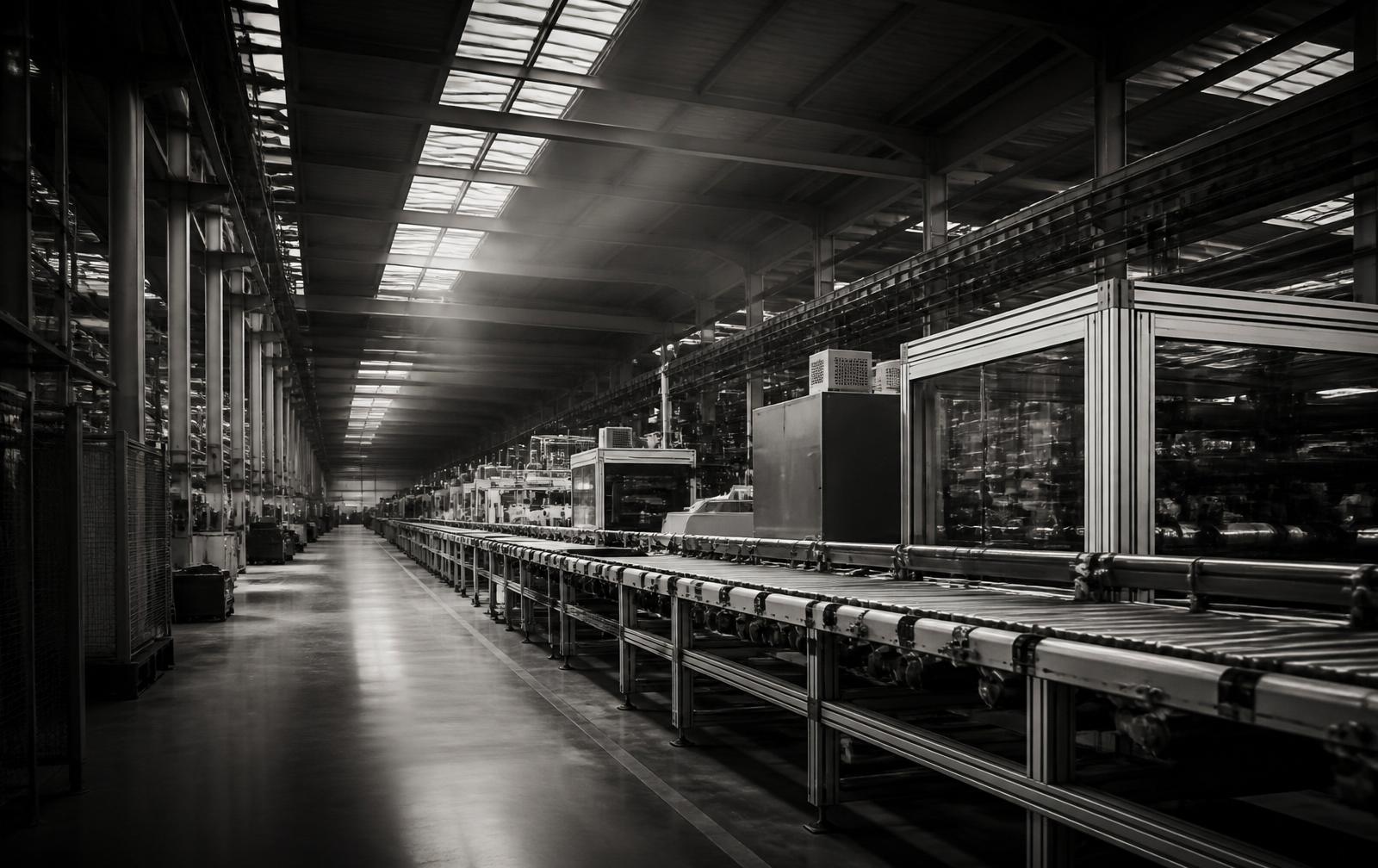 Interior de fábrica industrial en blanco y negro